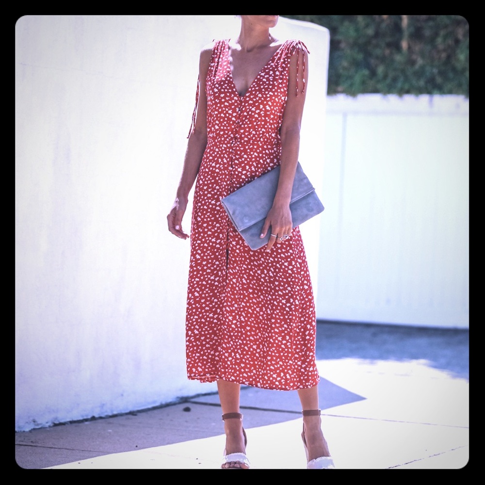 Red floral midi dress